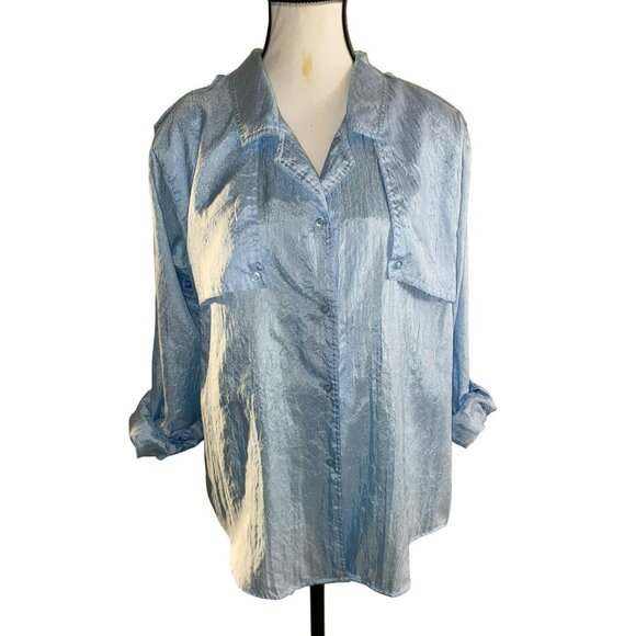 Diane Von Furstenberg Blue Crinkled Button-Up Blouse Size 10 Polyester - Picture 1 of 6